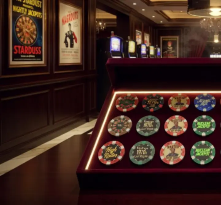 Kolekcjonerskie żetony pokerowe wyeksponowane w eleganckiej gablocie
