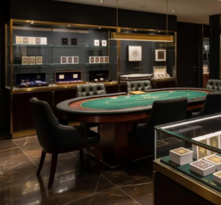 Nowoczesny showroom POLVIAN STAGE z profesjonalnymi stołami pokerowymi i ekspozycją kart