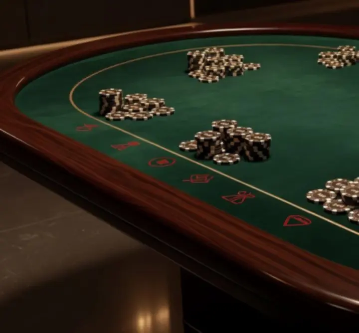 Stół pokerowy z rozłożonymi żetonami i kartami w eleganckiej aranżacji